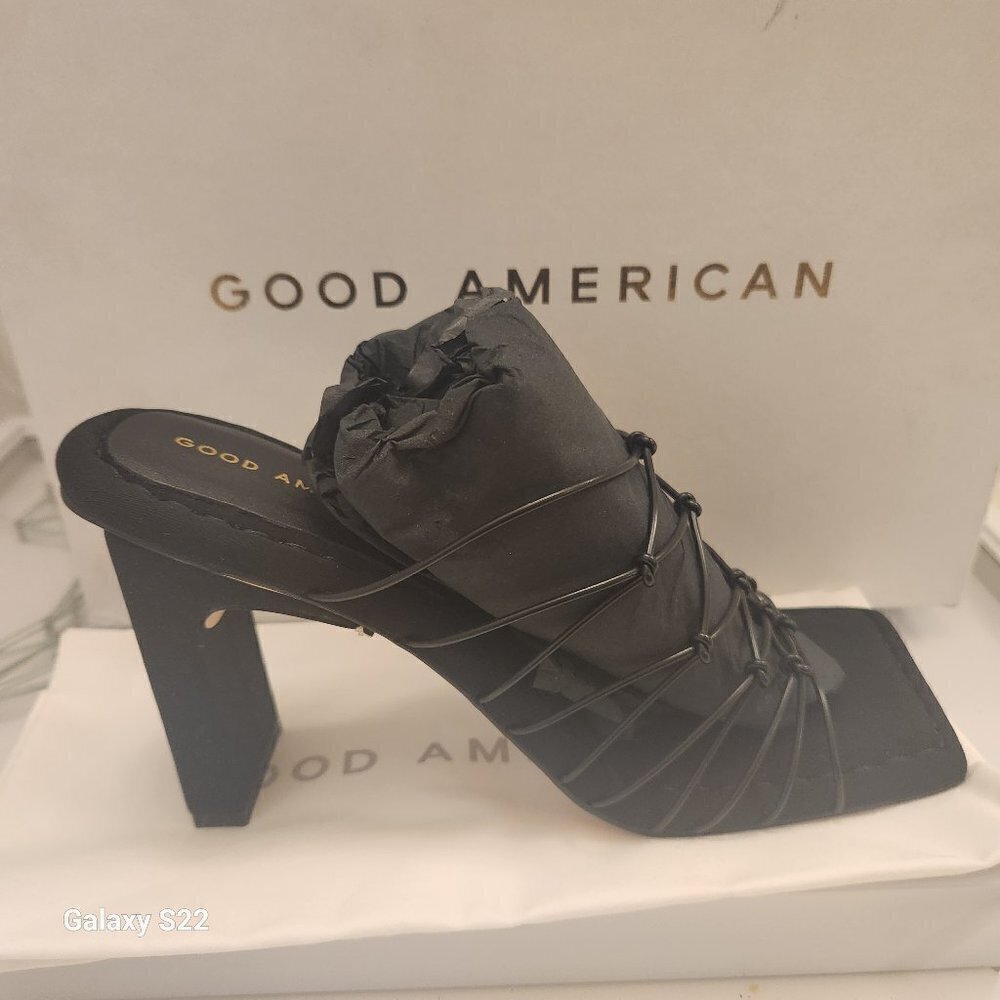 Good American Heels Black Sandals Caged Neoprene. NIB. Size: various